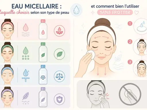 Guide pour choisir l'eau micellaire selon son type de peau et son utilisation sans frotter. La composition de l'eau micellaire est illustrée.