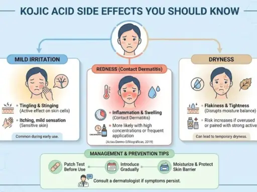 Effets secondaires de l'acide kojique : irritation, rougeur, sécheresse. Le danger de l'acide kojique réside dans ces réactions cutanées.