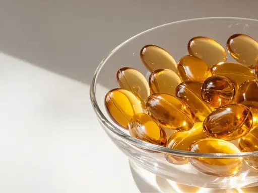 Gouttes dorées dans un bol en verre, évoquant l'huile de nigelle pour la grossesse et le bien-être.