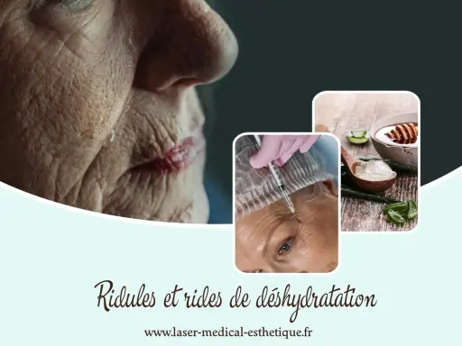 Gros plan sur une peau marquée par des ridules de déshydratation. Une injection et de l'aloe vera suggèrent des solutions.