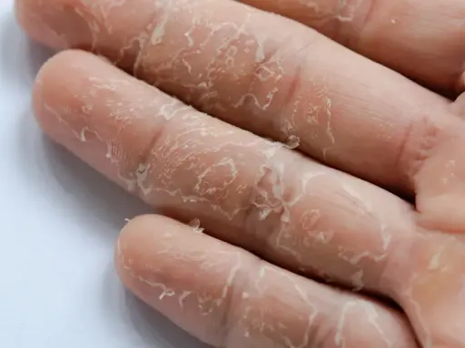 Gros plan sur des mains qui pèlent, signe visible de stress. La peau se détache en fines lamelles sur les doigts.
