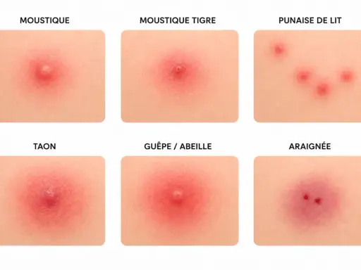 Six images montrant des piqûres d'insectes et d'araignées, certaines semblant faire murir un bouton.