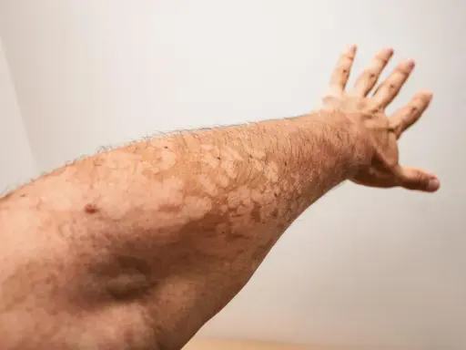 Bras tendu révélant des taches claires dues à un vitiligo léger.