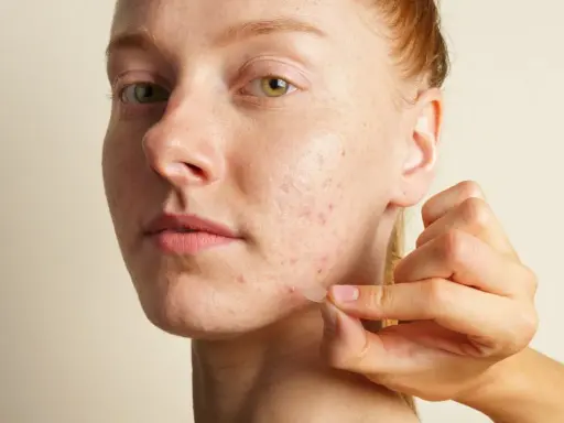 Une main applique un petit pansement transparent sur un bouton d'acné sur le visage d'une jeune femme rousse.