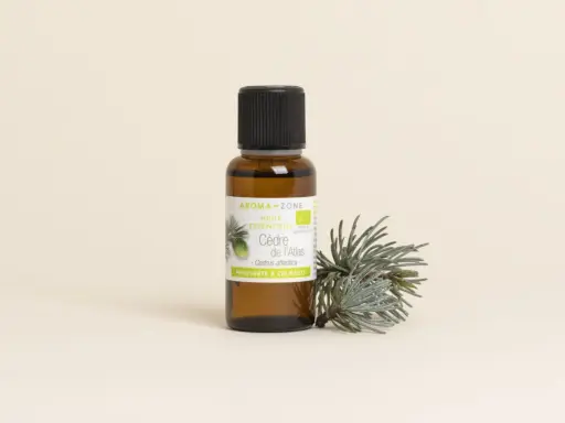Flacon d'huile essentielle de cèdre de l'Atlas, avec une branche de cèdre. Attention, l'huile essentielle de cèdre peut présenter un danger si mal utilisée.
