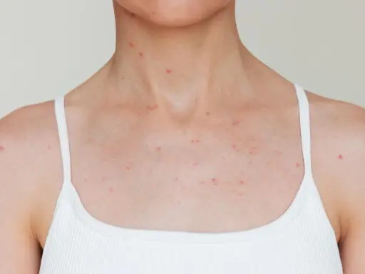 Poitrine et cou d'une personne portant un débardeur blanc, avec de nombreux petits boutons rouges visibles sur la peau.