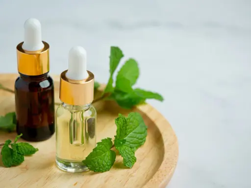 Deux flacons d'huile végétale, entourés de feuilles de menthe fraîche, suggèrent un remède naturel pour le psoriasis.
