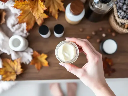 Maintenant, je ne veux plus mettre aucune crème sur ma peau. Une main tient un pot de crème, entouré de feuilles d'automne et de produits de soin.