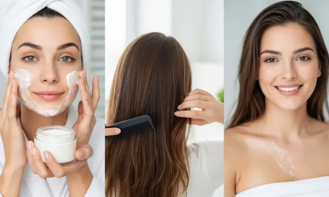 Soins du visage et des cheveux : une femme applique une crème, se peigne les cheveux. Attention, le panthénol peut présenter un danger.