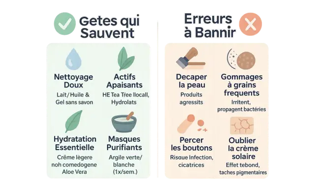 Conseils pour une peau à imperfections : nettoyage doux, actifs apaisants, hydratation essentielle, masques purifiants. À éviter : décaper la peau, gommages fréquents, percer les boutons, oublier la crème solaire.
