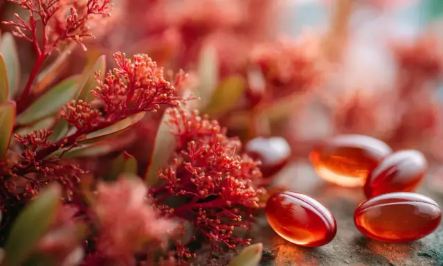 Gélules rouges orangées près de plantes rouges. L'astaxanthine, bien que bénéfique, peut présenter un danger si mal dosée.
