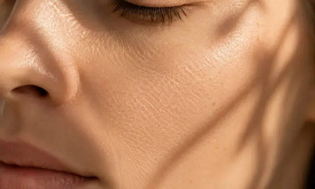 Gros plan sur une joue présentant une peau sèche et craquelée, accentuée par des ombres douces.
