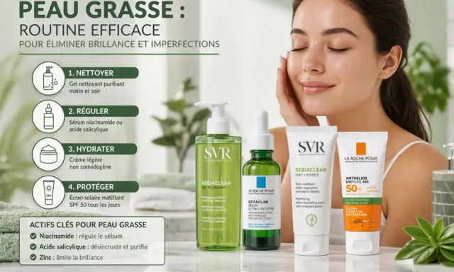 Routine efficace pour peau grasse : nettoyer, réguler avec niacinamide, hydrater, protéger. Acide salicylique et zinc sont clés.