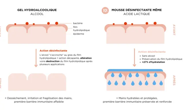 Gel hydroalcoolique : danger d'altération du film hydrolipidique. Mousse désinfectante à acide lactique : préserve et hydrate la peau.
