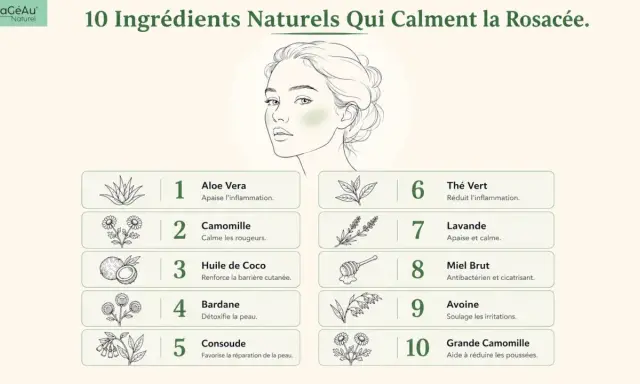 L'aloe vera et la camomille apaisent la peau sujette à la couperose. Illustration d'une femme et liste d'ingrédients naturels.