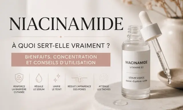 Sérum visage à la niacinamide, expliquant ses bienfaits : renforce la barrière cutanée, régule le sébum, unifie le teint, réduit les pores et atténue les taches. Conseils d'utilisation inclus.
