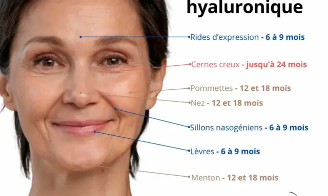 Visage d'une femme avec des lignes indiquant la durée des traitements à l'acide hyaluronique. Attention, l'acide hyaluronique n'assèche pas la peau, il la repulpe.