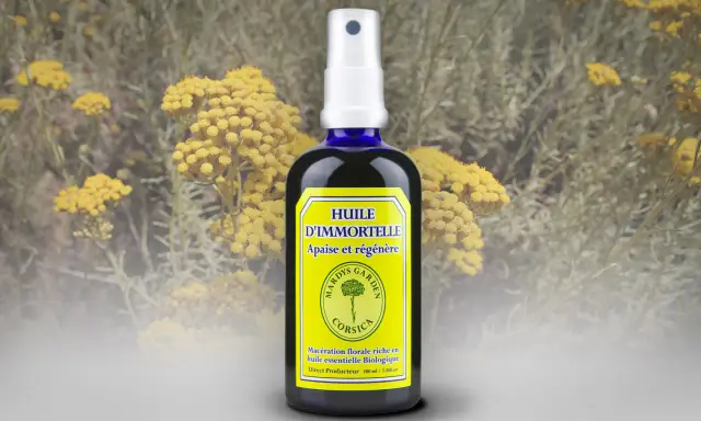 Flacon d'huile essentielle d'immortelle bio, idéale pour apaiser et régénérer la peau. Son utilisation est simple et efficace.