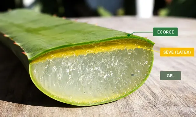 Coupe d'une feuille d'aloe vera montrant le gel et la sève (latex), dont la consommation peut présenter un danger.
