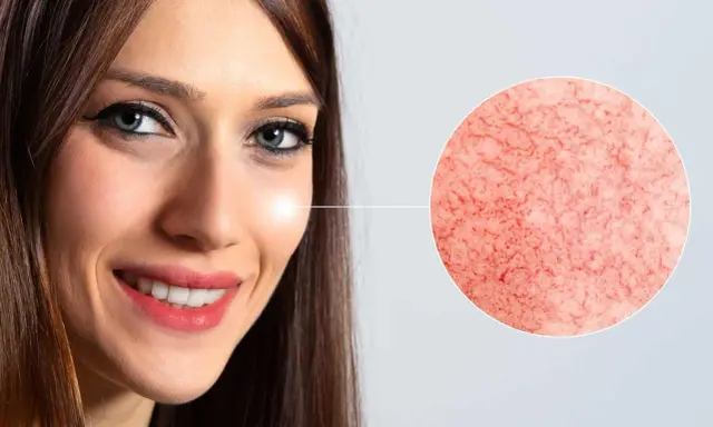 Gros plan sur le visage d'une femme souriante, avec un zoom sur des vaisseaux sanguins dilatés. Pourquoi ce nez rouge ?