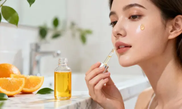 Une femme applique un sérum éclatant, riche en vitamine C et E, inspiré par la fraîcheur des oranges.