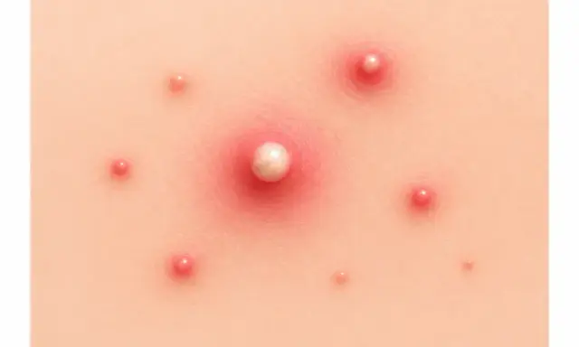 Gros plan sur un type de bouton sur la peau, avec un bouton blanc au centre entouré de rougeurs et de plusieurs petits boutons.