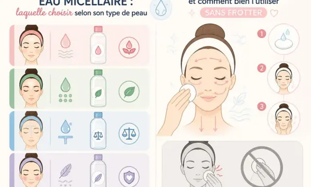 Guide pour choisir l'eau micellaire selon son type de peau et son utilisation sans frotter. La composition de l'eau micellaire est illustrée.