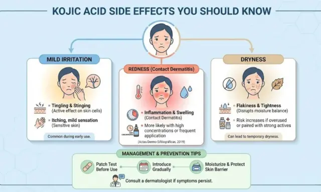 Effets secondaires de l'acide kojique : irritation, rougeur, sécheresse. Le danger de l'acide kojique réside dans ces réactions cutanées.