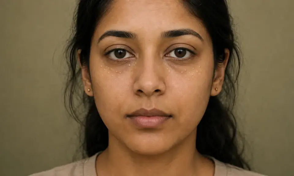 Visage d'une jeune femme avec de petits points blancs sous les yeux, indiquant un grain de milium infecté.