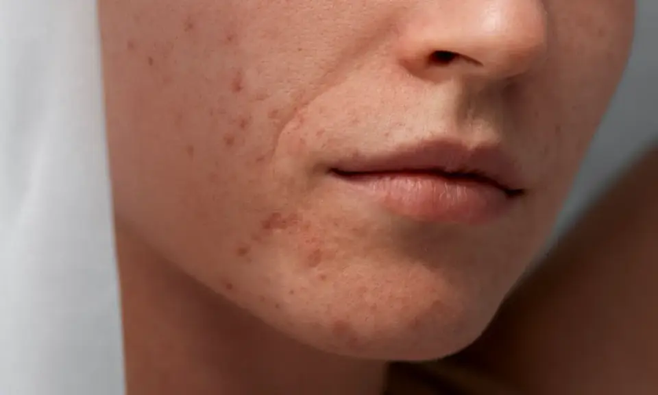 Gros plan sur le visage d'une femme montrant des rougeurs et des imperfections, typiques de l'acné de grossesse.