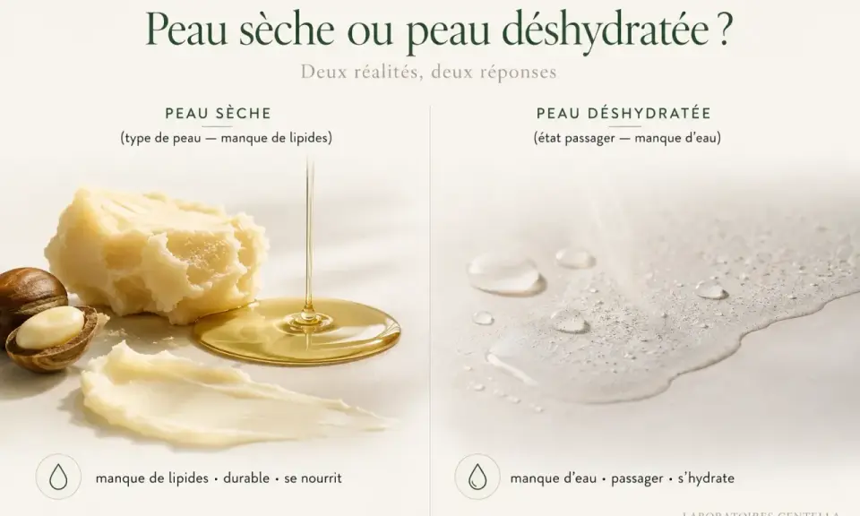 Beurre de karité et huile pour peau sèche (manque de lipides). Gouttes d'eau pour peau déshydratée (perte insensible en eau).