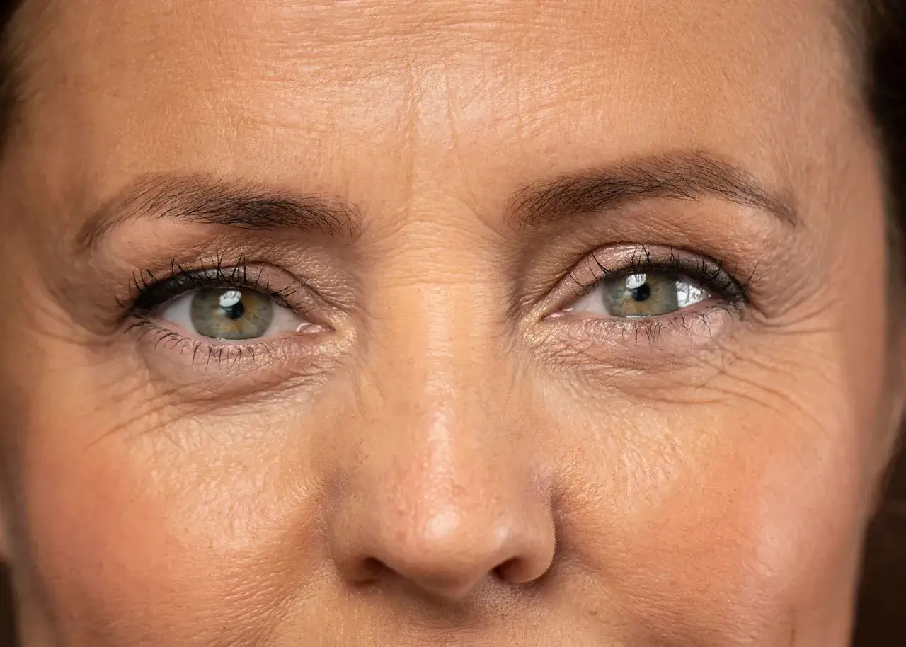Gros plan sur des yeux verts et une peau qui marque les plis, t&eacute;moignant d'une vie riche en &eacute;motions.