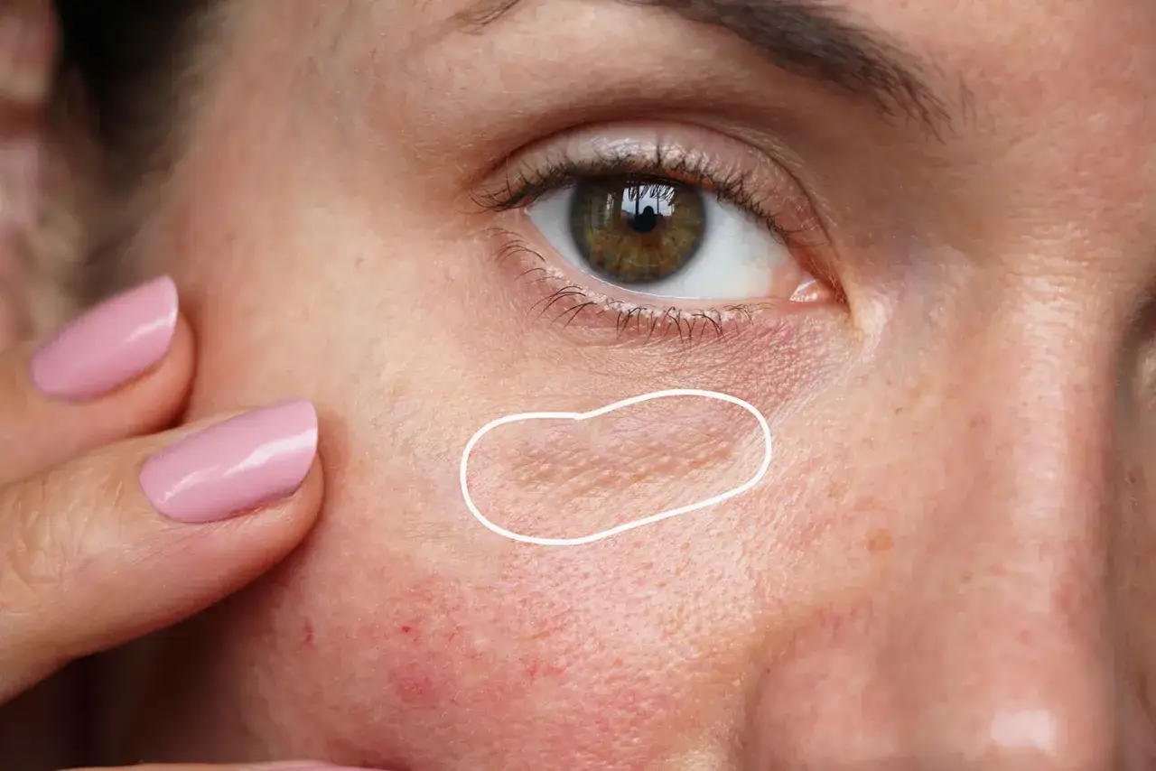 Gros plan sur le contour de l'œil d'une femme, montrant une zone de petits grains de milium percer, entourée d'un trait blanc.