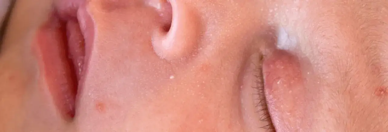 Gros plan sur le visage d'un b&eacute;b&eacute;, montrant une peau d&eacute;licate avec quelques petits points blancs, peut-&ecirc;tre un l&eacute;ger bouton de lait visage b&eacute;b&eacute;.