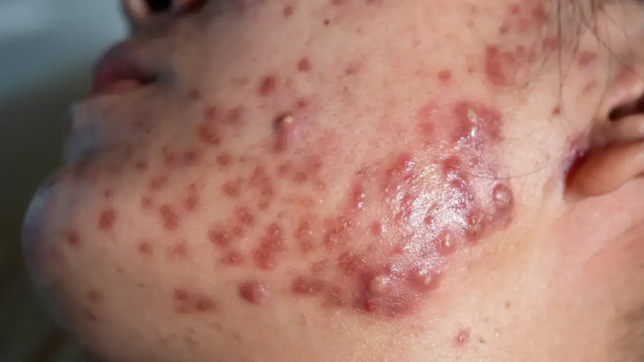 Gros plan sur une peau pr&eacute;sentant une acn&eacute; conglobata s&eacute;v&egrave;re, avec de nombreux nodules inflammatoires et pustules rouges sur la joue et le menton.