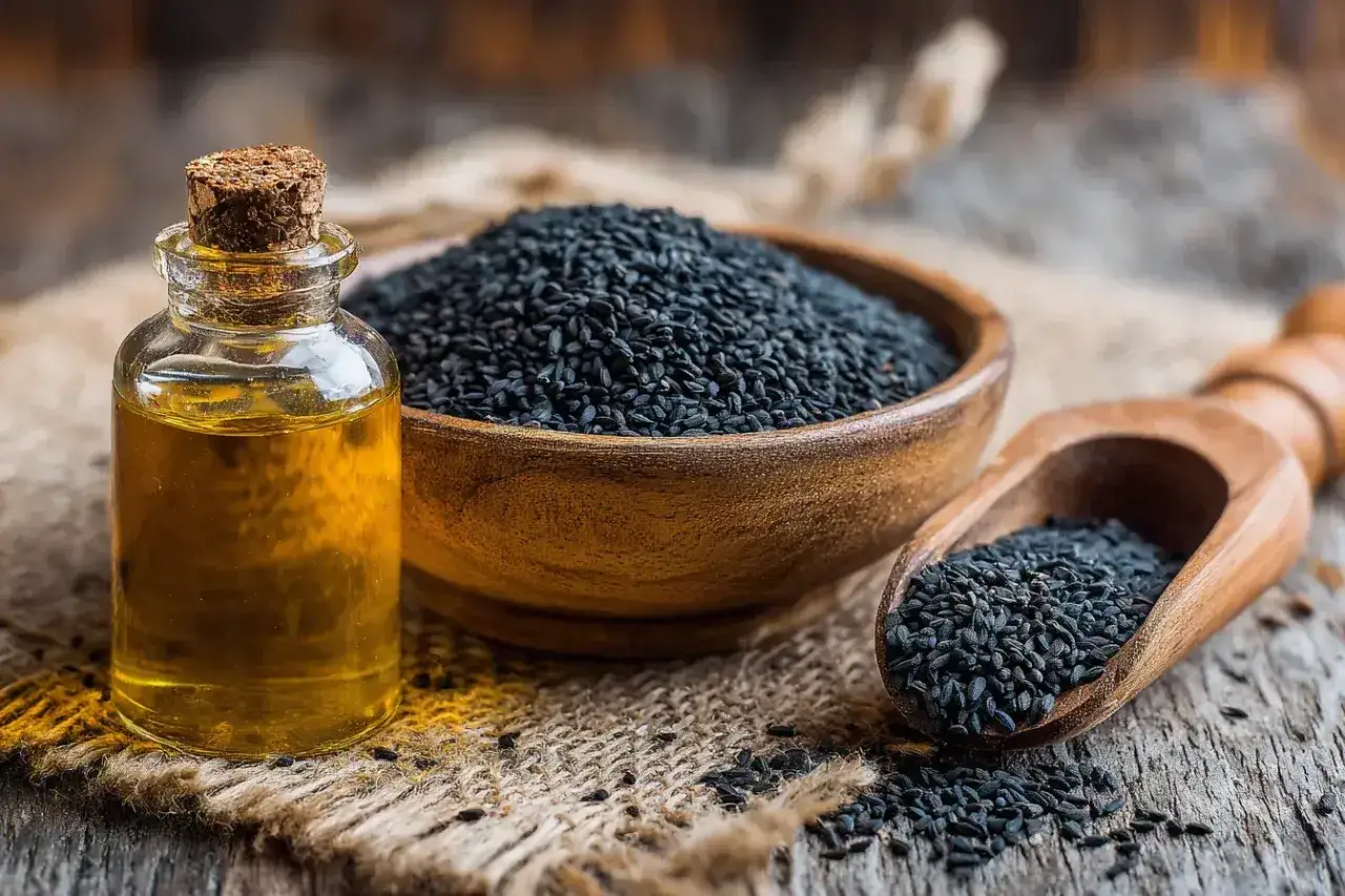 Flacon d'huile de nigelle &agrave; c&ocirc;t&eacute; d'un bol de graines noires. Une cuill&egrave;re en bois contient aussi des graines. L'huile de nigelle est r&eacute;put&eacute;e pour soulager l'ecz&eacute;ma.