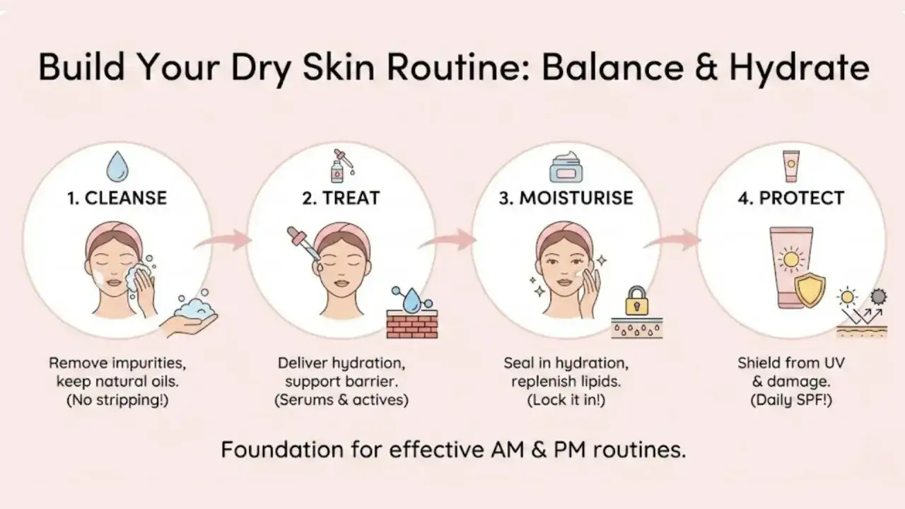 Routine pour peau sèche : nettoyer, traiter, hydrater, protéger. Élimine les impuretés sans décaper, pour une peau douce et hydratée.