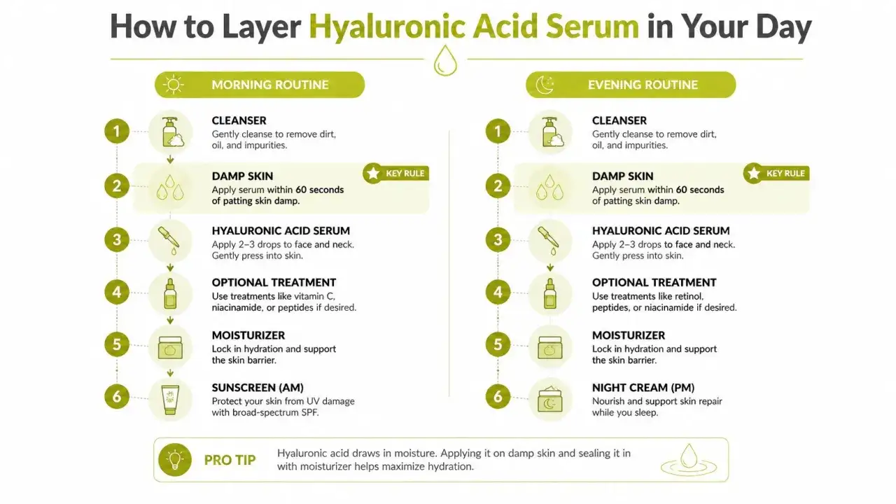 Routine matin et soir pour le sérum acide hyaluronique. Appliquer sur peau humide pour éviter que l'acide hyaluronique assèche la peau.