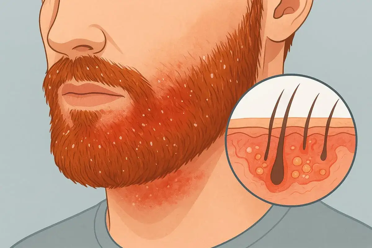 Gros plan sur une barbe rousse avec des pellicules. Un cercle montre une coupe de peau avec des follicules pileux.