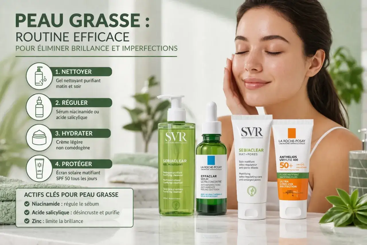 Routine efficace pour peau grasse : nettoyer, réguler avec niacinamide ou acide salicylique, hydrater, protéger.