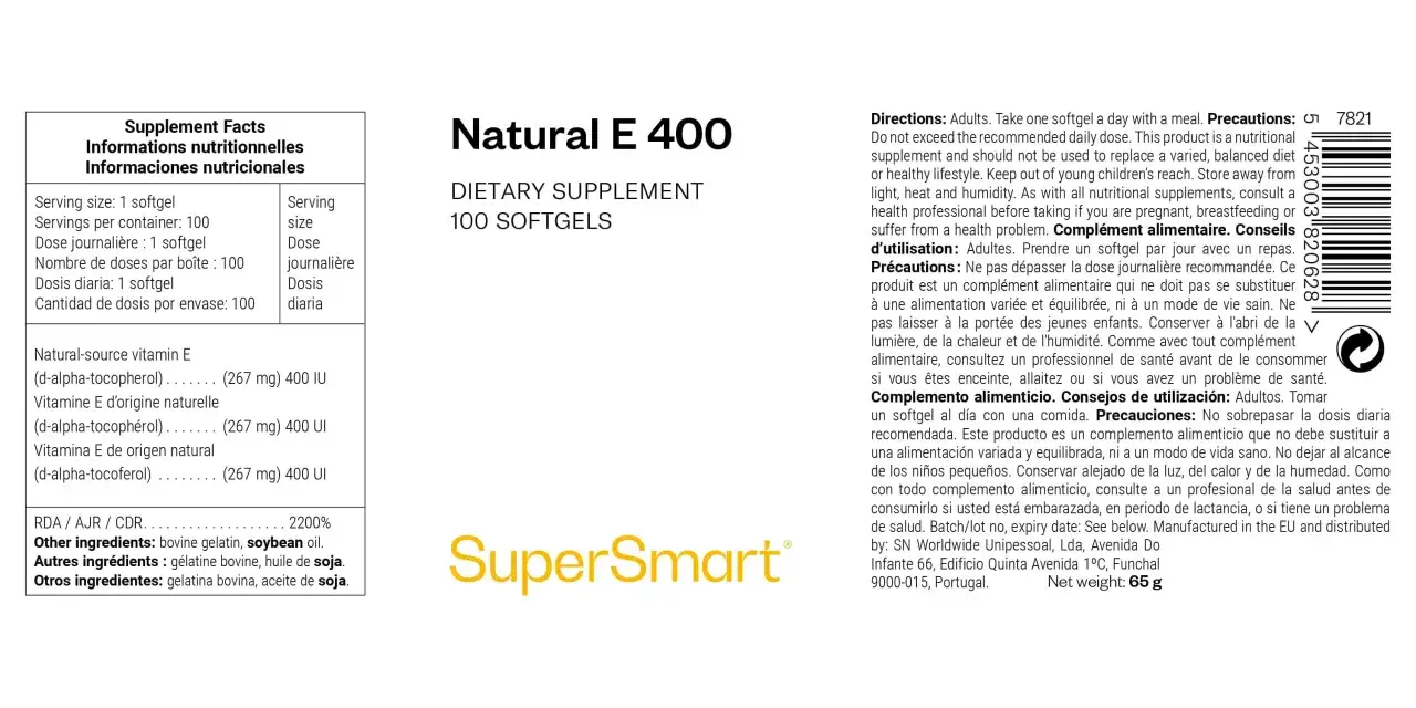 Compl&eacute;ment alimentaire Natural E 400. Attention au tocoph&eacute;rol danger si vous &ecirc;tes enceinte ou allaitez.