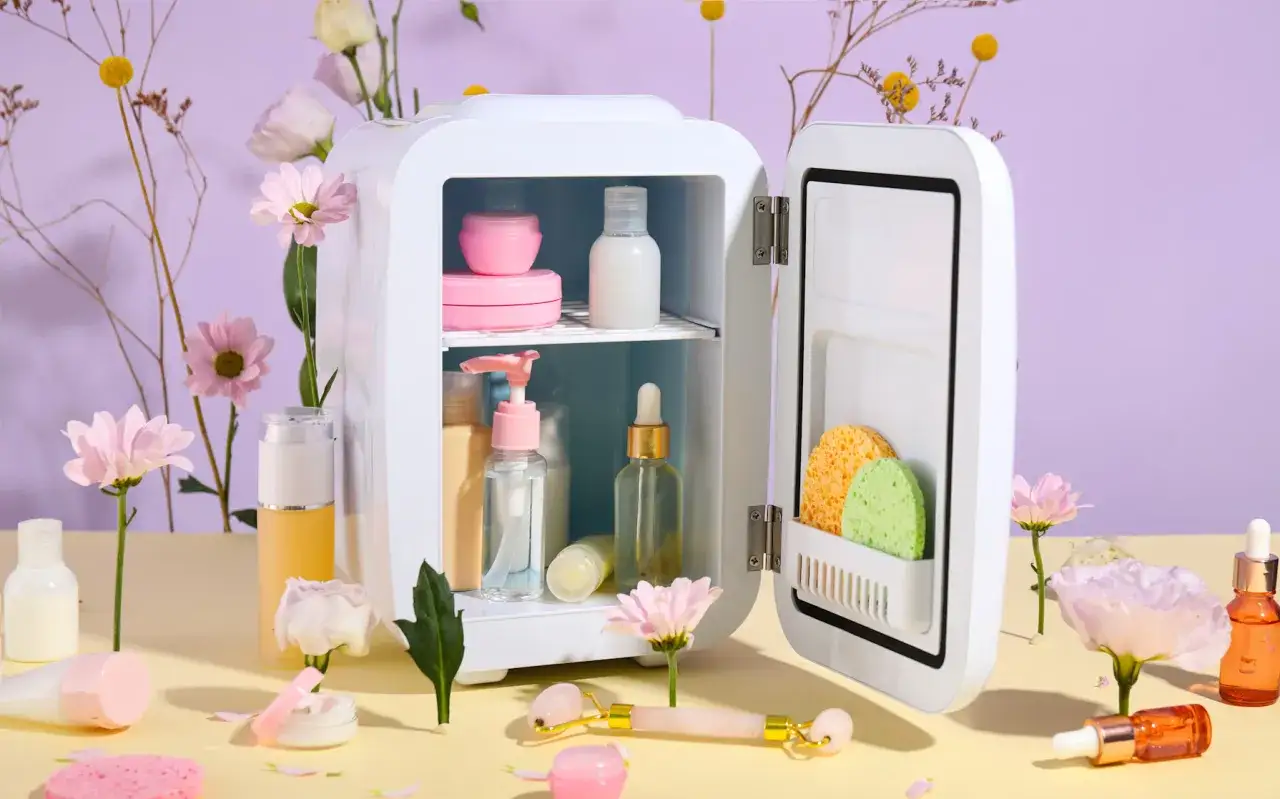 Mini frigo de beauté rempli de soins. Attention, certains hydrolats peuvent être sensibles à la chaleur.