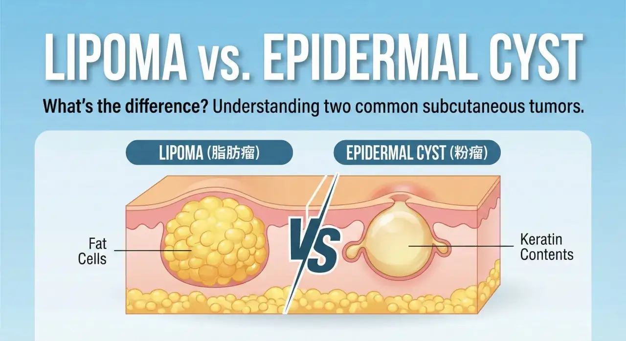 Sch&eacute;ma comparant un lipome, une boule de graisse sous la peau, &agrave; un kyste &eacute;pidermique rempli de k&eacute;ratine.