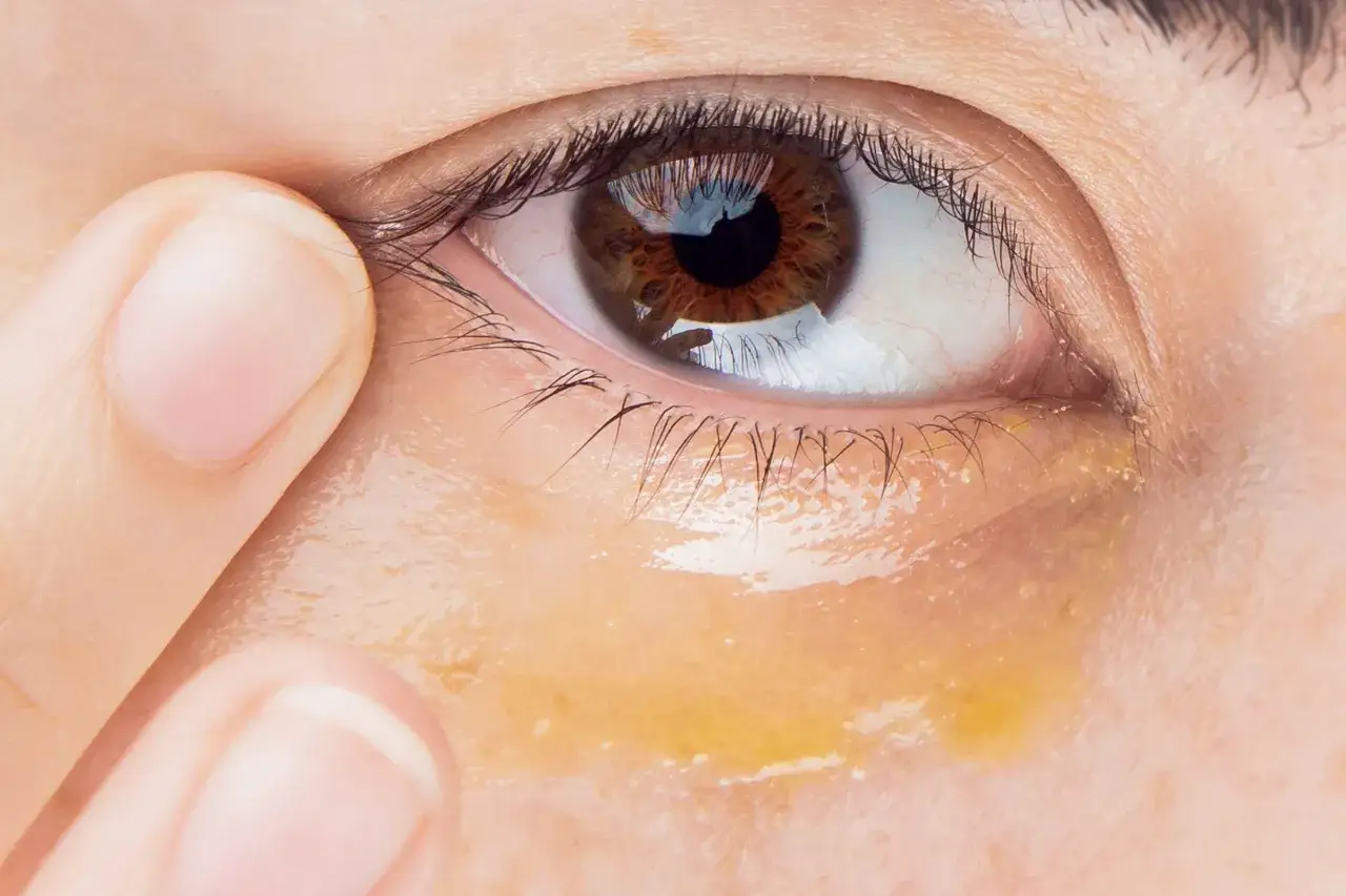 Un doigt touche la peau sous un &oelig;il, r&eacute;v&eacute;lant des ridules de d&eacute;shydratation et une texture l&eacute;g&egrave;rement huileuse.