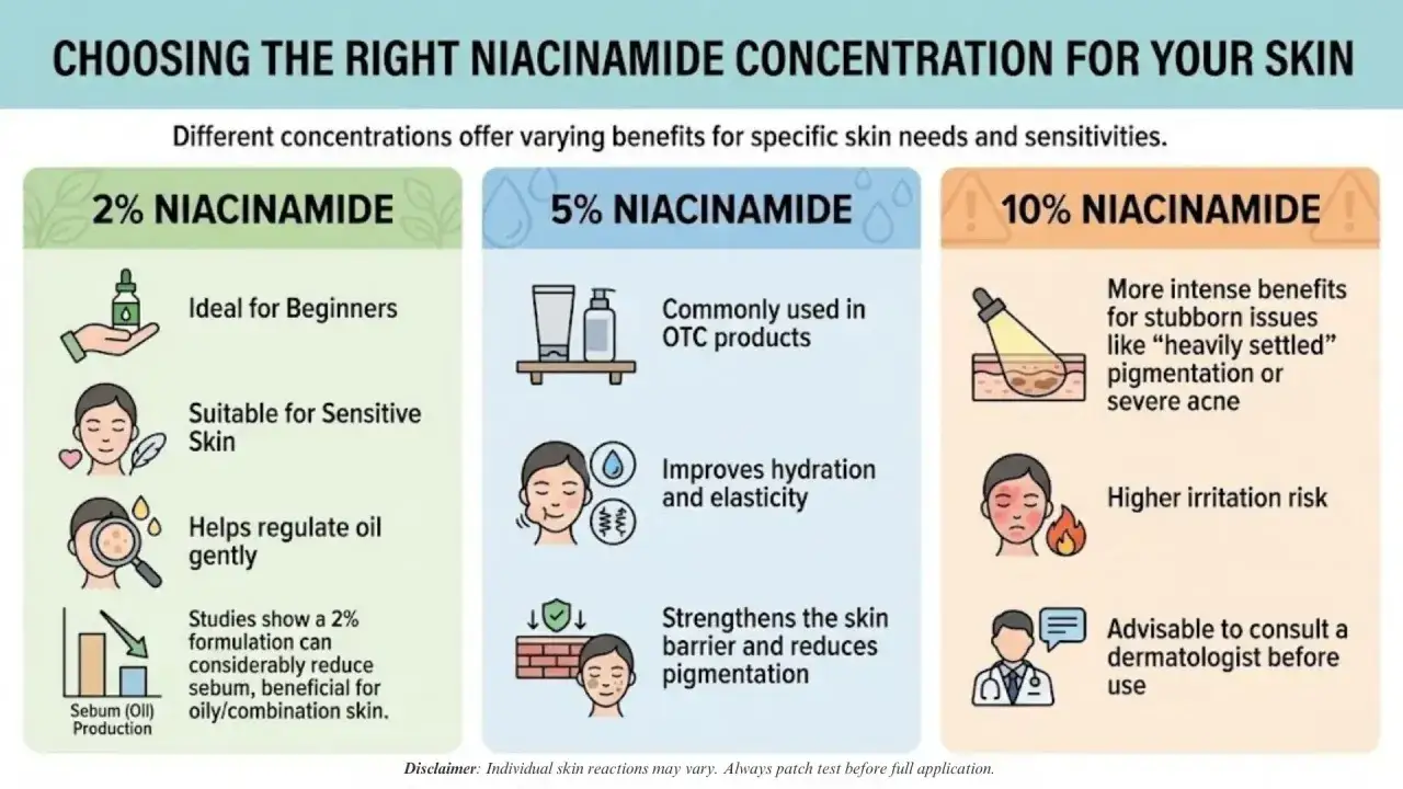 Guide sur les concentrations de niacinamide : 2% id&eacute;al pour d&eacute;butants, 5% pour hydratation, 10% pour probl&egrave;mes tenaces mais risque de danger d'irritation accru.