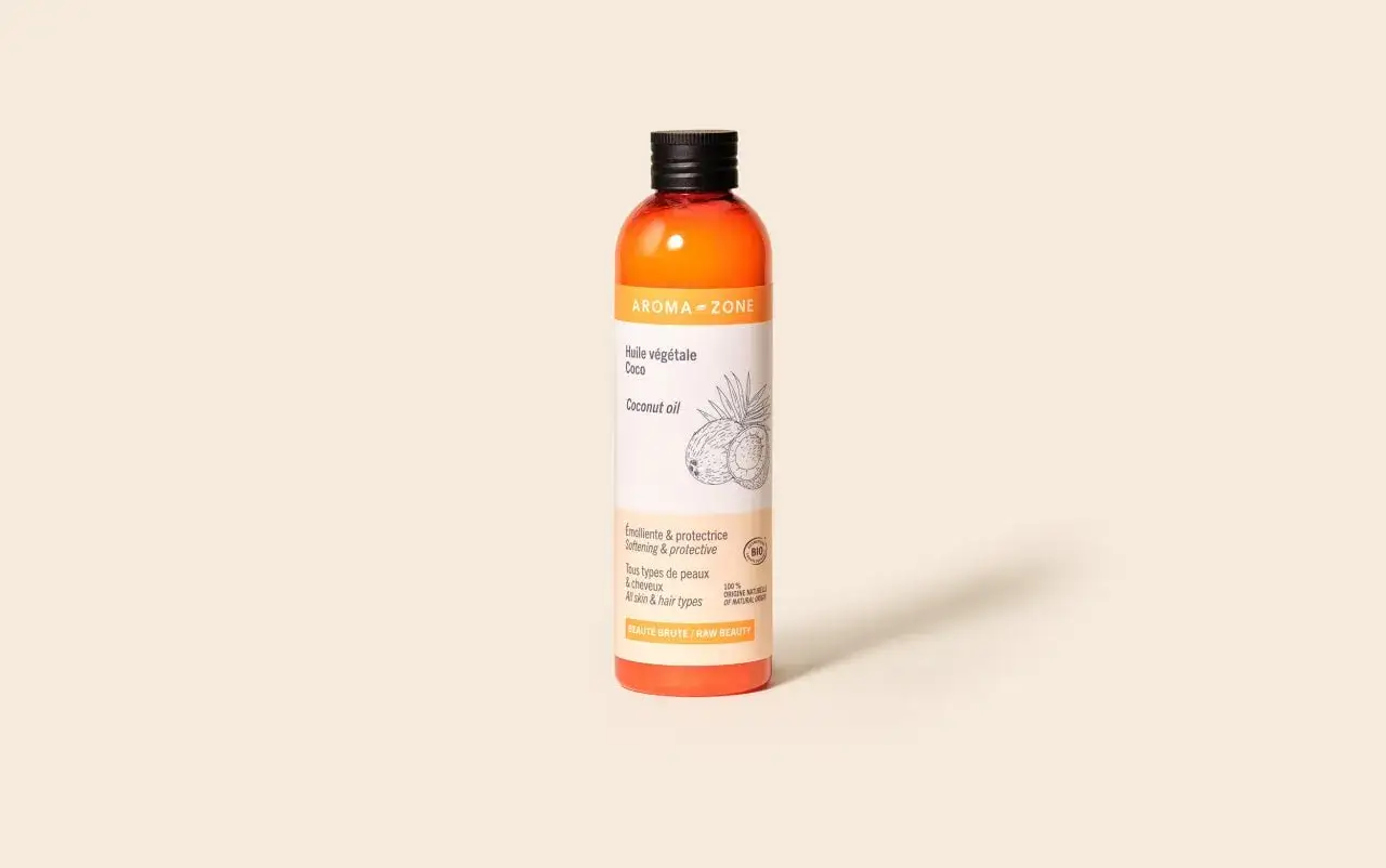 Bouteille d'huile de coco Aroma-Zone, idéale pour le bienfait de l'huile de coco sur la peau et les cheveux.