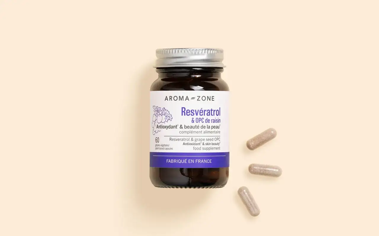 Flacon de compléments alimentaires Resvératrol & OPC de raisin. Attention au resvératrol danger potentiel, bien que ce produit soit présenté comme un antioxydant.