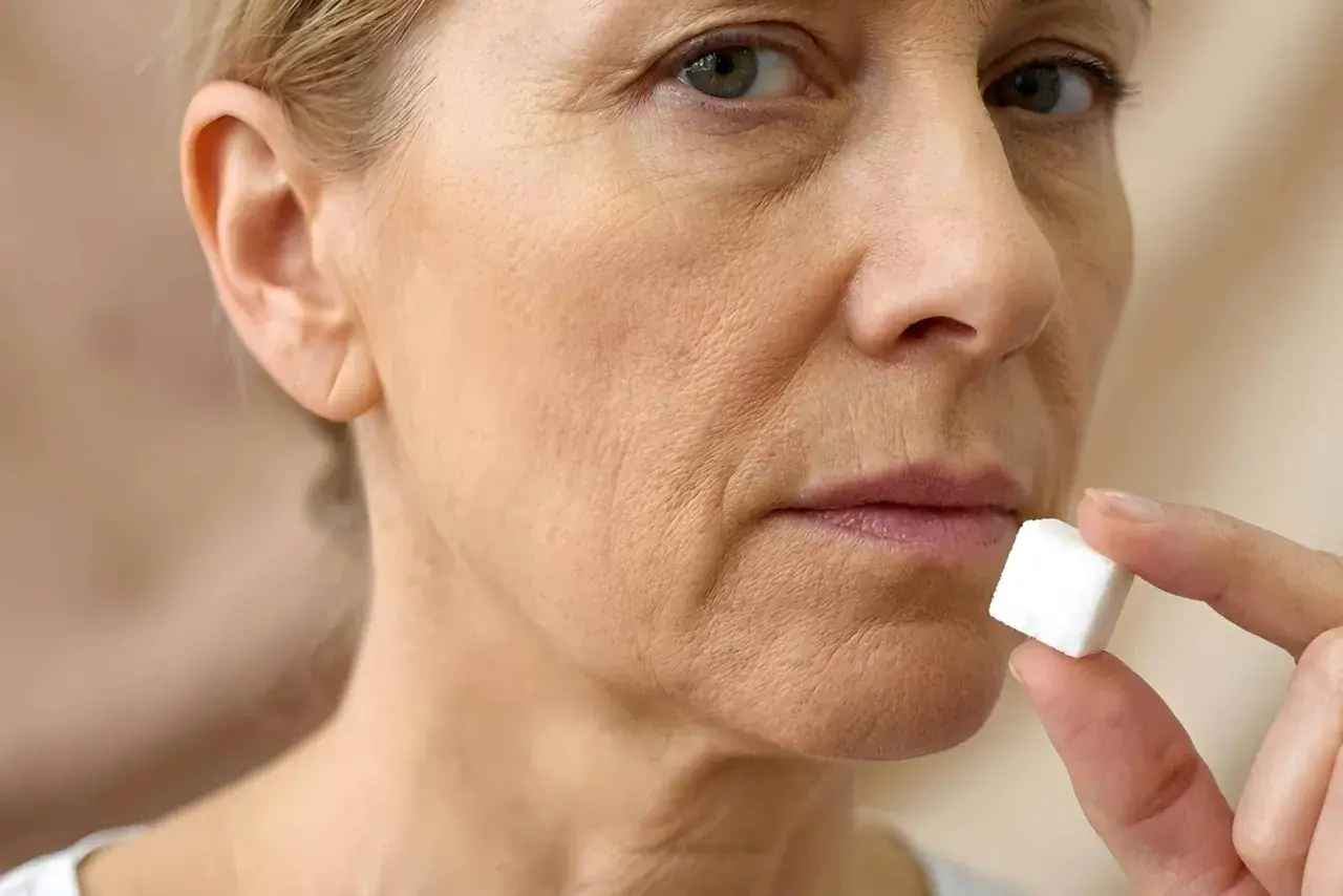 Visage marqu&eacute; par les rides, une main pr&eacute;sente un morceau de sucre, symbolisant la glycation de la peau.