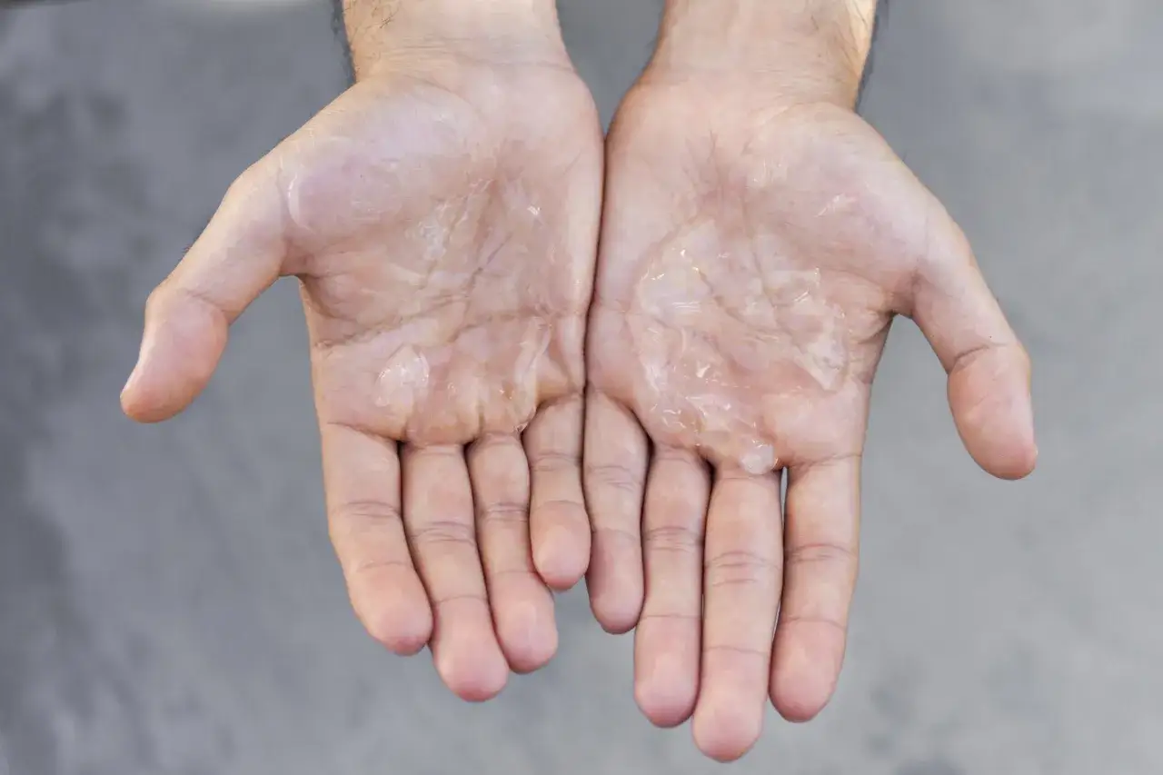 Mains moites, signes de mains qui pèlent et de stress. La peau semble humide et légèrement décollée.