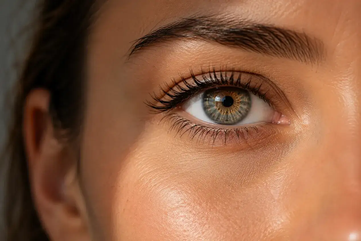 Œil humain aux reflets verts et dorés, symbole des astaxanthine bienfaits pour la peau et la vision.